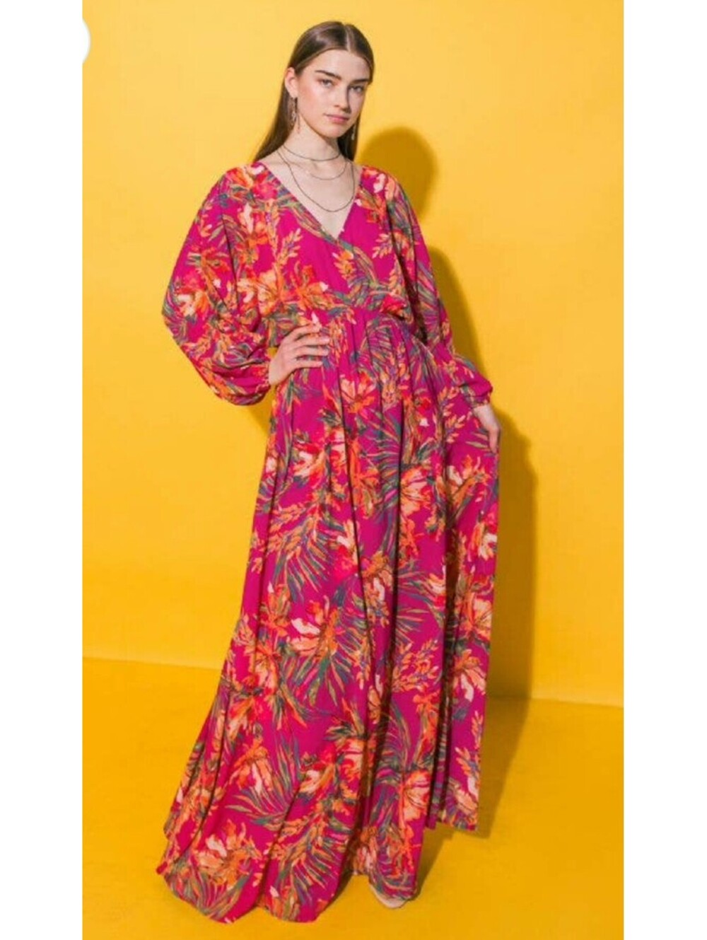 Fashion Nova Pink Floral Maxi Dress with Balloon Sleeves